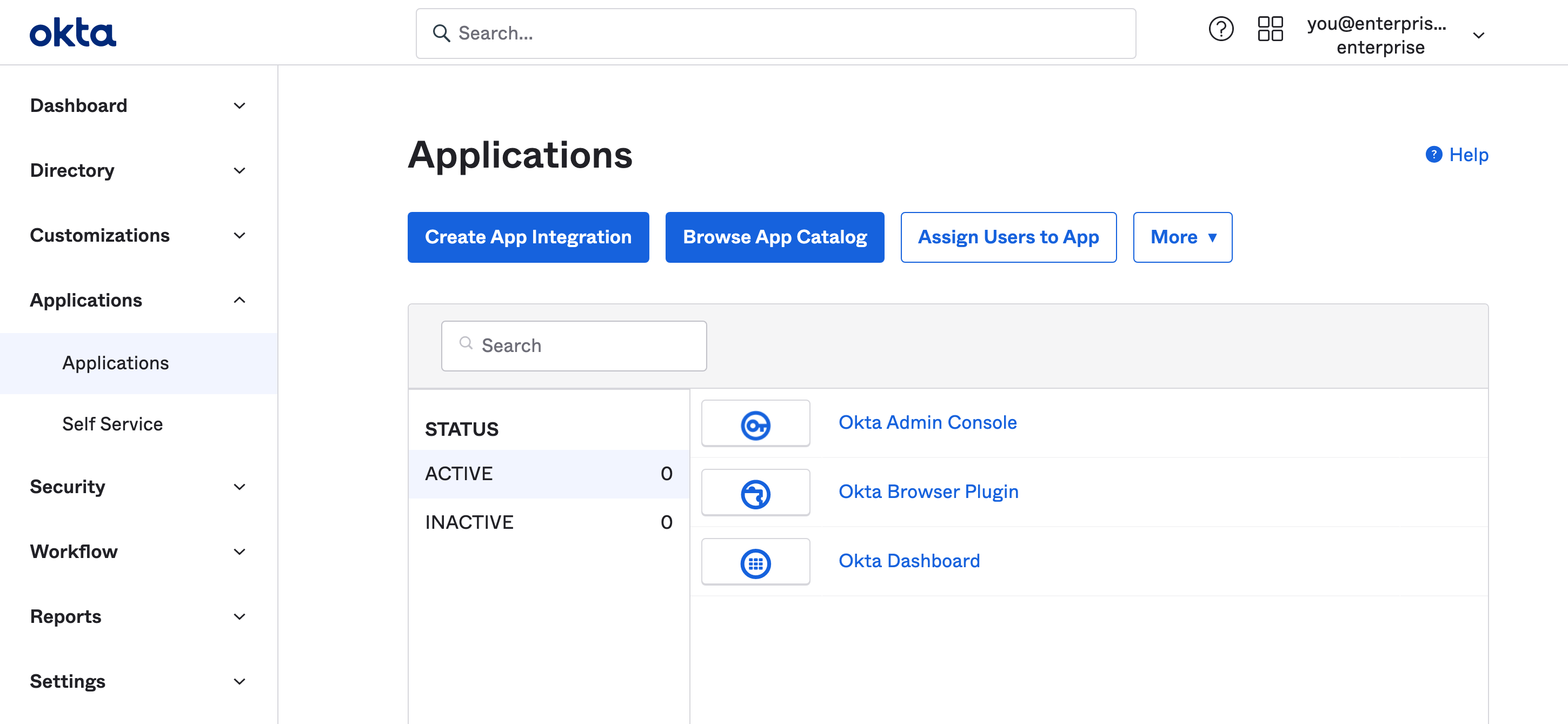 Okta dashboard: Create App Integration button